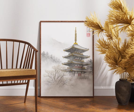 Japanese Pagoda Art Print Temple In The Mist Illustration With Gold Accents Serene Zen Landscape Wall Decor Spiritual Mountain Artwork