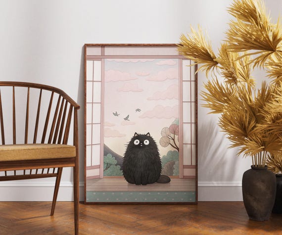 Black Cat With Pastel Sky Art Cute Japanese Room Wall Print Japandi Decor Minimalist Cozy Illustration Kawaii Zen Poster