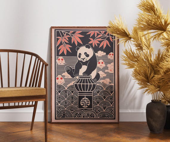 Vintage Panda Poster Linocut Lantern Serenity Art Retro Asian Wall Decor Boho Nature Illustration Zen Wildlife Print Unique Gift