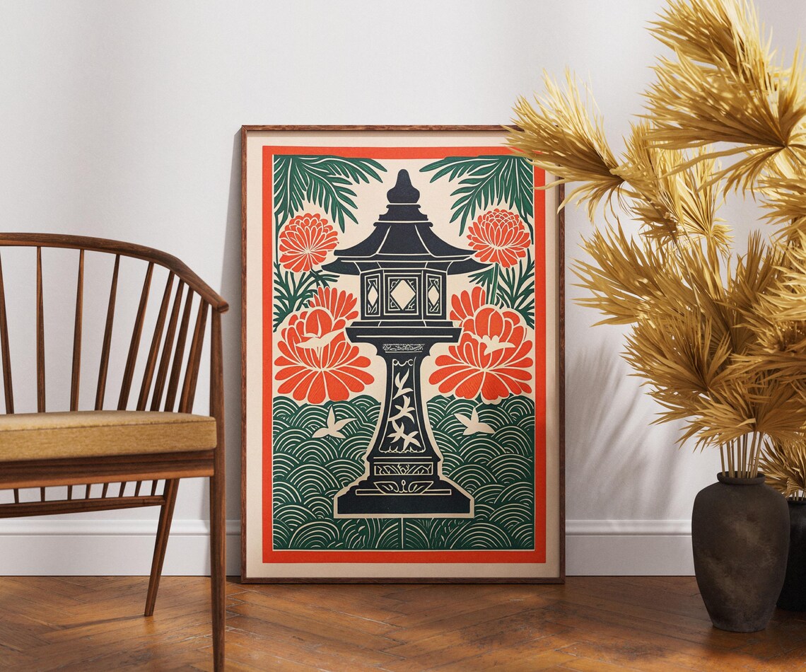 Japanese Stone Lantern Poster Chrysanthemum Waves Vintage Linocut Art