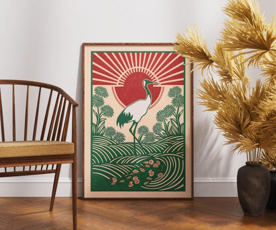 Vintage Crane Poster Linocut Plum Serenity Art Zen Nature Wall Decor Retro Bird Illustration Boho Botanical Printgift For Lovers