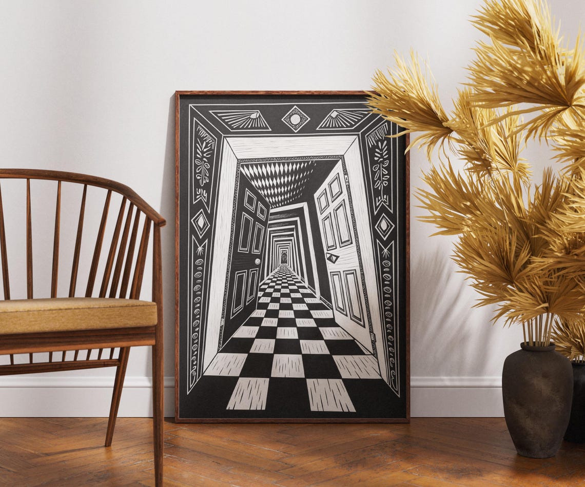 Surreal Hallway Checkered Floor Black And White Dream Art Poster