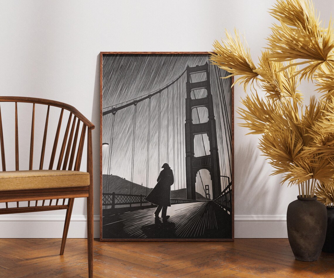 Golden Gate Bridge Noir Silhouette Rainy Night Black White Poster