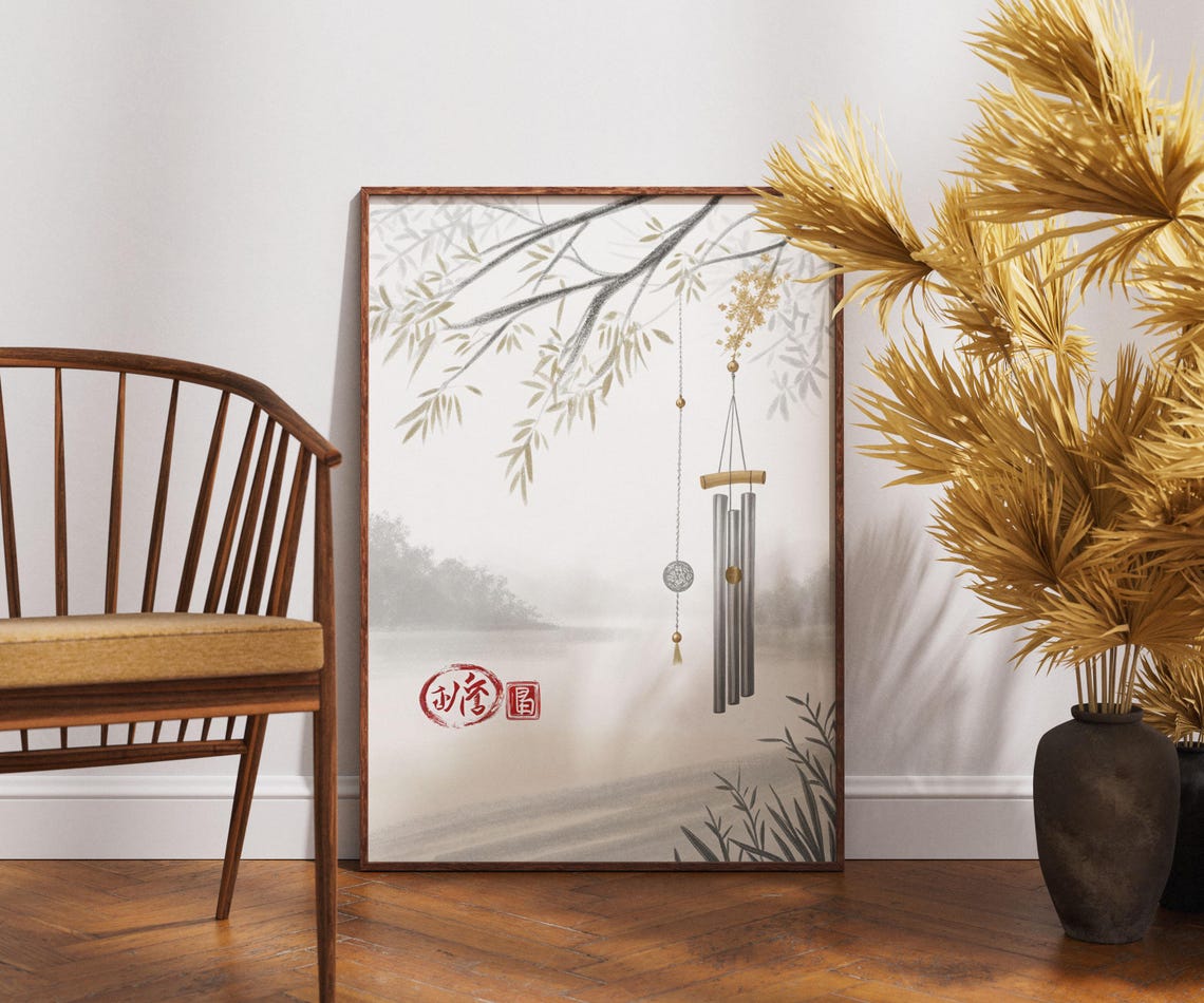 Japanese Wind Chime Hanging Over Misty Lake Zen Minimalist Poster