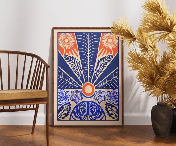Vintage Sun Garden Poster Linocut Geometric Art Print Retro Nature Wall Decor Boho Botanical Illustration And Artwork
