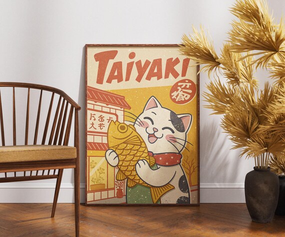 Taiyaki Cat Hugging Fish Pastry Japanese Shop Cute Kawaii Art Poster
