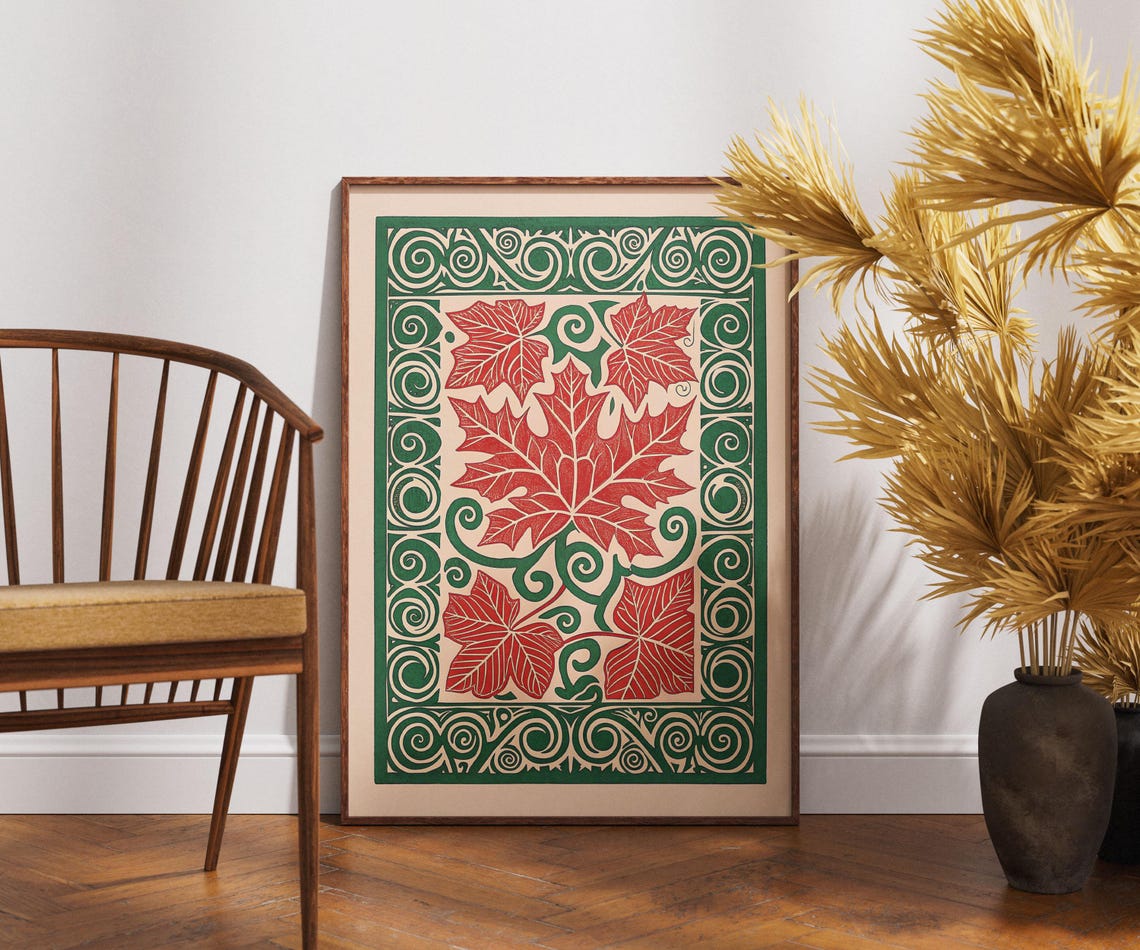 Vintage Maple Leaf Poster Linocut Ornate Foliage Art Retro Nature Wall Decor Boho Botanical Print Autumn Leaves Illustration