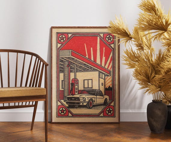 Vintage Gas Station Poster Classic Car Matchbox Art Retro Americana Print Muscle Illustration 1960s Road Trip Decor