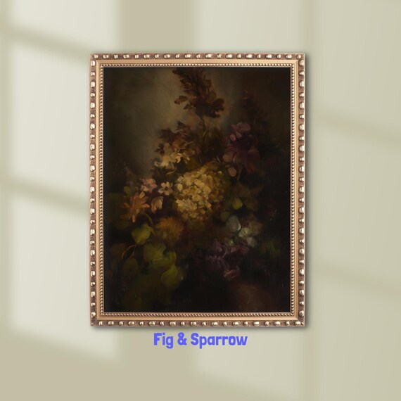 Moody Dark Floral Still Life Vintage Botanical Oil Painting Classic Wall Art