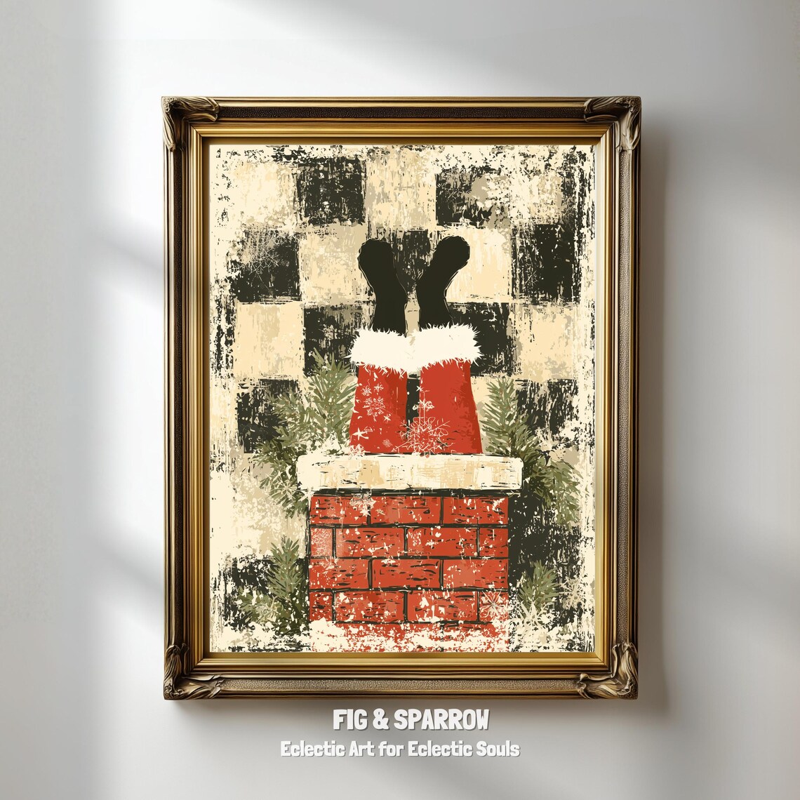 Santa In Chimney, Rustic Christmas Art Print