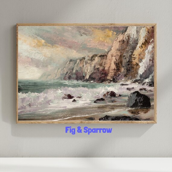 Stormy Coastal Cliffs Vintage Seascape Oil Painting Ocean Waves Wall Art