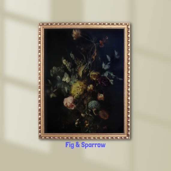 Dark Moody Floral Bouquet on Black Vintage Botanical Oil Painting Wall Art
