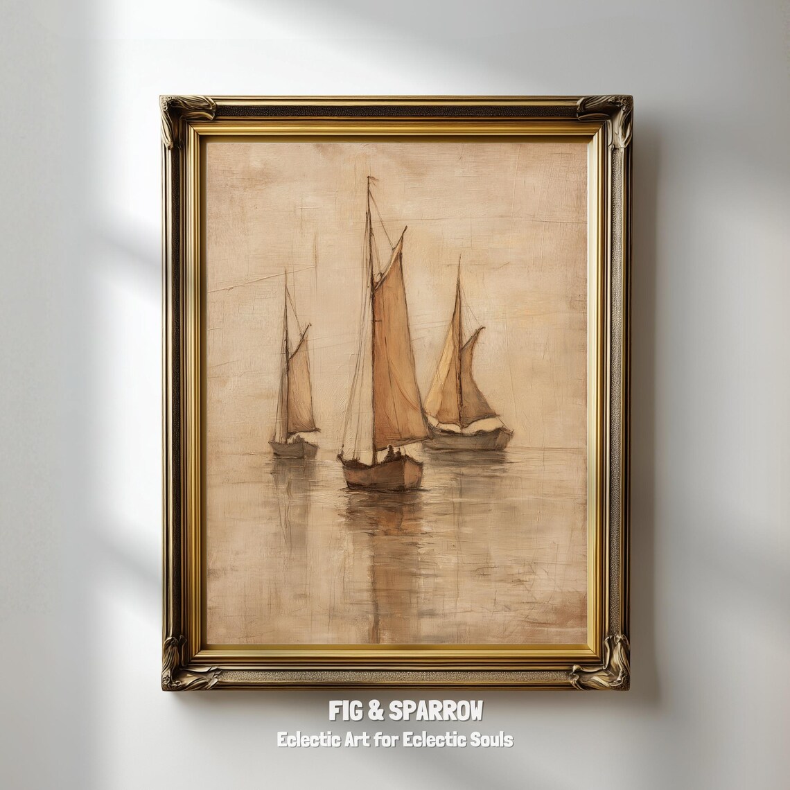 Vintage Sepia Sailboats Three Ships Warm Tonal Nautical Art Print