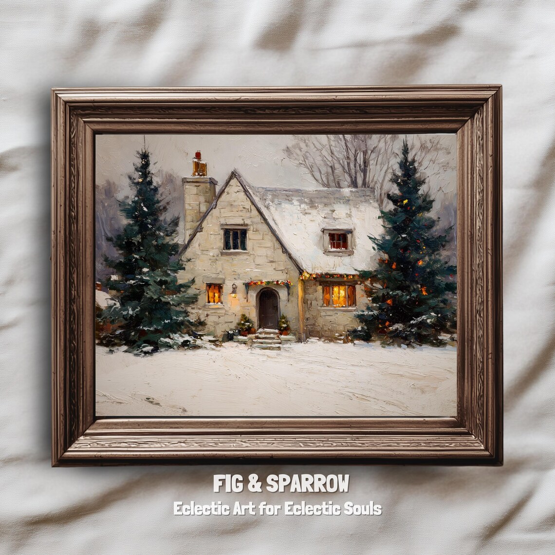Cozy Christmas Cottage, Vintage Farmhouse Art Print