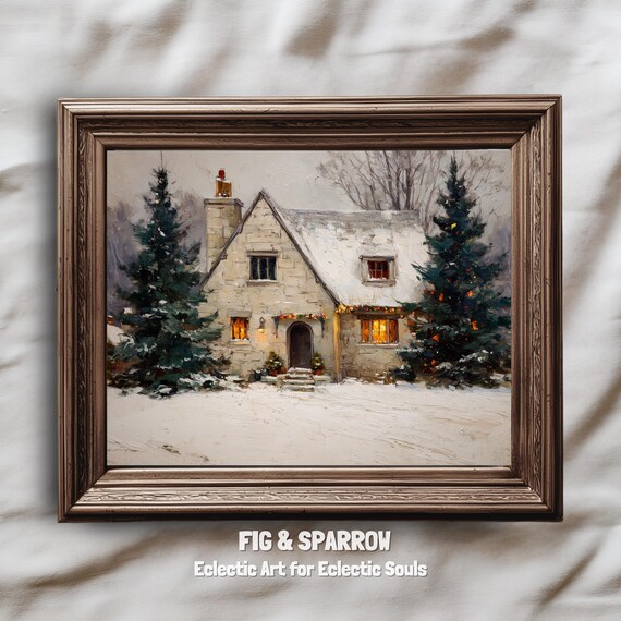 Cozy Christmas Cottage, Vintage Farmhouse Art Print