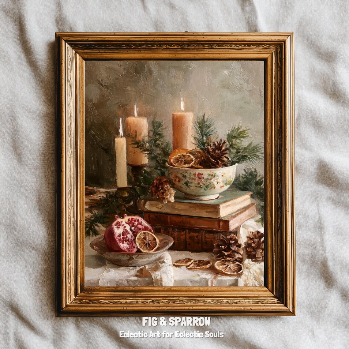 Christmas Candle Still Life With Books Pomegranate Farmhouse Art Poster