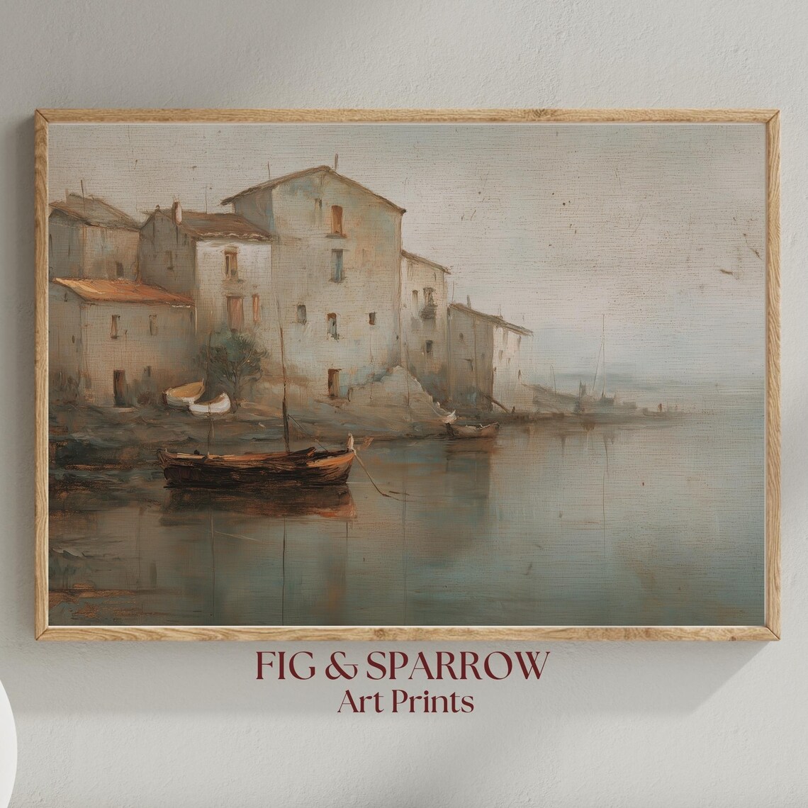 Mediterranean Seaside Village Painting Old Boats Harbor Rustic Art Poster