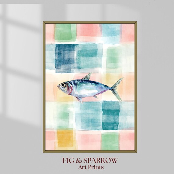 Watercolor Sardine on Pastel Patchwork Coastal Kitchen Art Print