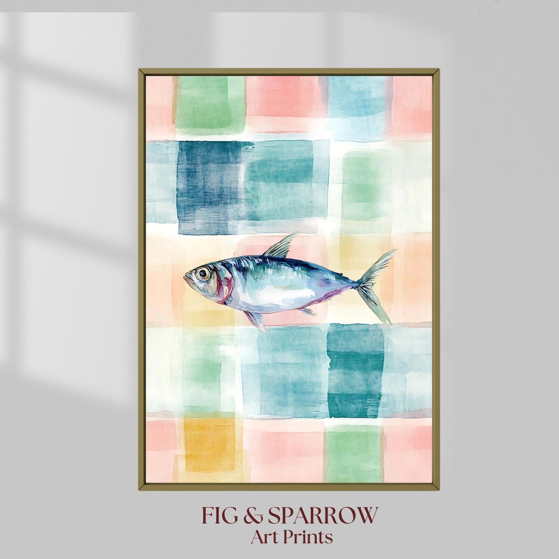 Watercolor Sardine on Pastel Patchwork Coastal Kitchen Art Print
