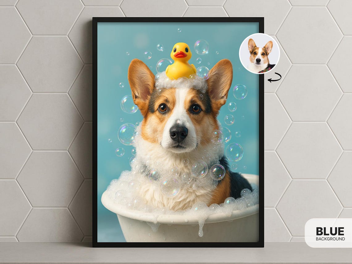 Custom Corgi Bubble Bath Portrait Rubber Duck Funny Pet Poster