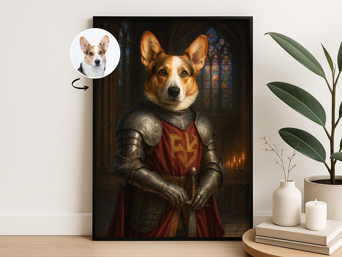 Custom Medieval Knight Pet Portrait Corgi Dog Renaissance Art Poster