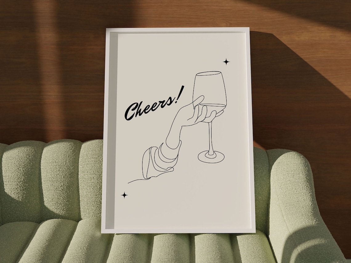 Cheers Wine Glass Minimalist Line Art Hand Toast Bar Cart Poster - Image 3