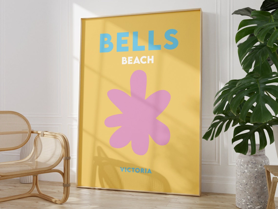 Bells Beach Victoria Yellow Pink Flower Minimalist Travel Poster