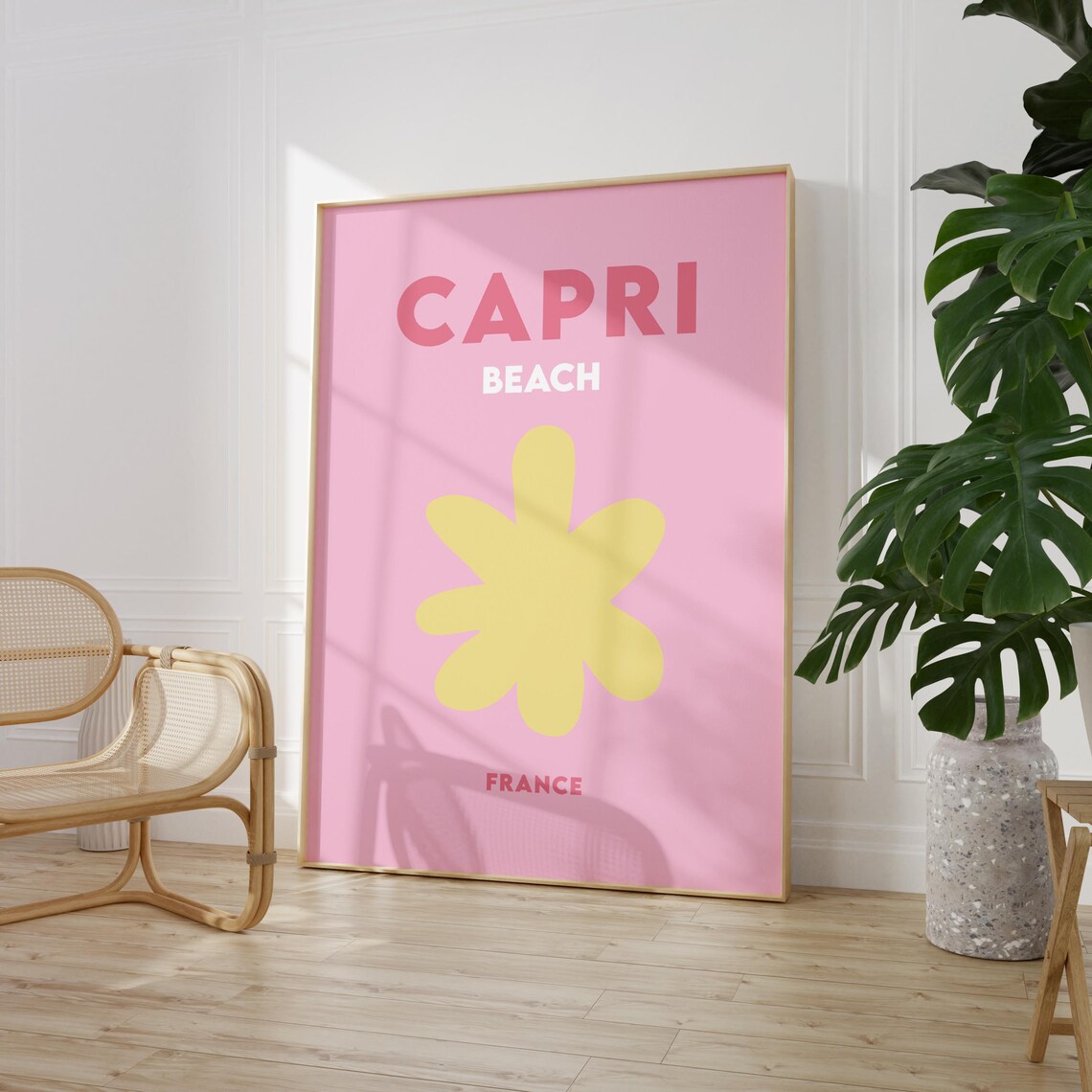 Capri Beach France Pink with Yellow Flower Minimalist Travel Poster - Image 4