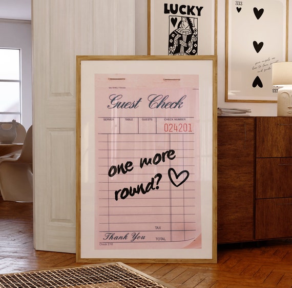 Guest Check Print Trendy Wall Art Guest Check Poster Pink Decor Bar Cart Art One More Round Print Retro Wall Art