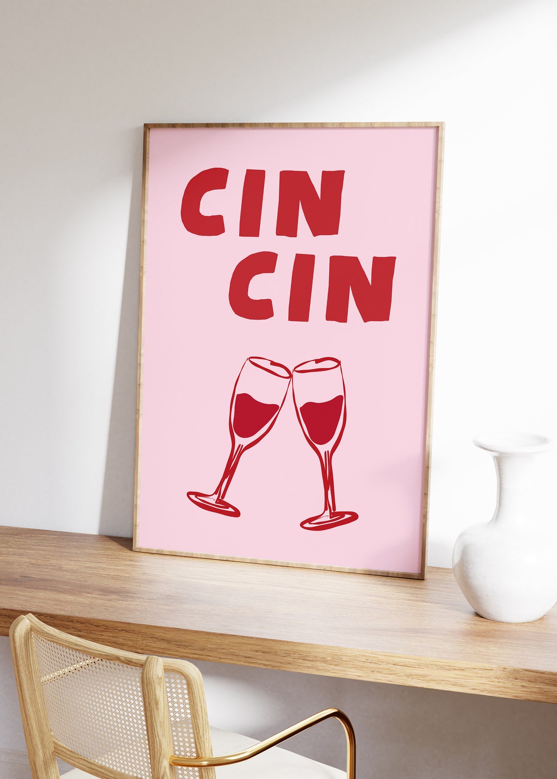 Cin Cin Red Text Pink Background Champagne Toast Party Poster - Image 3