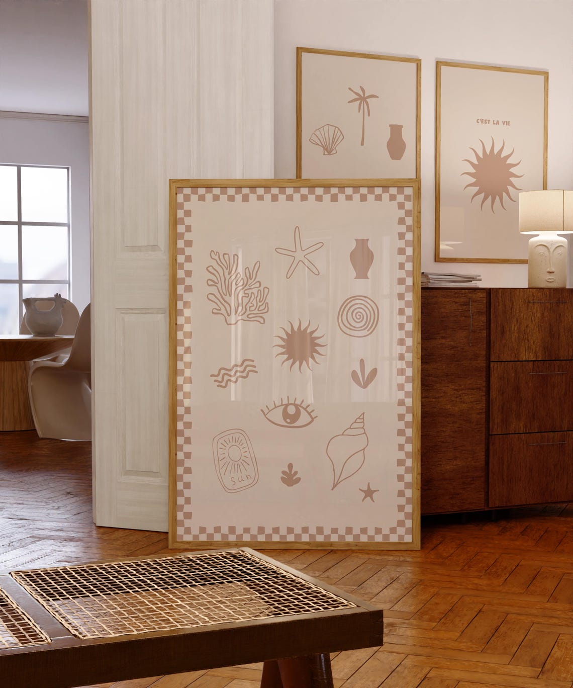 Coastal Doodle Icons Checkerboard Border Warm Tan Mediterranean Poster