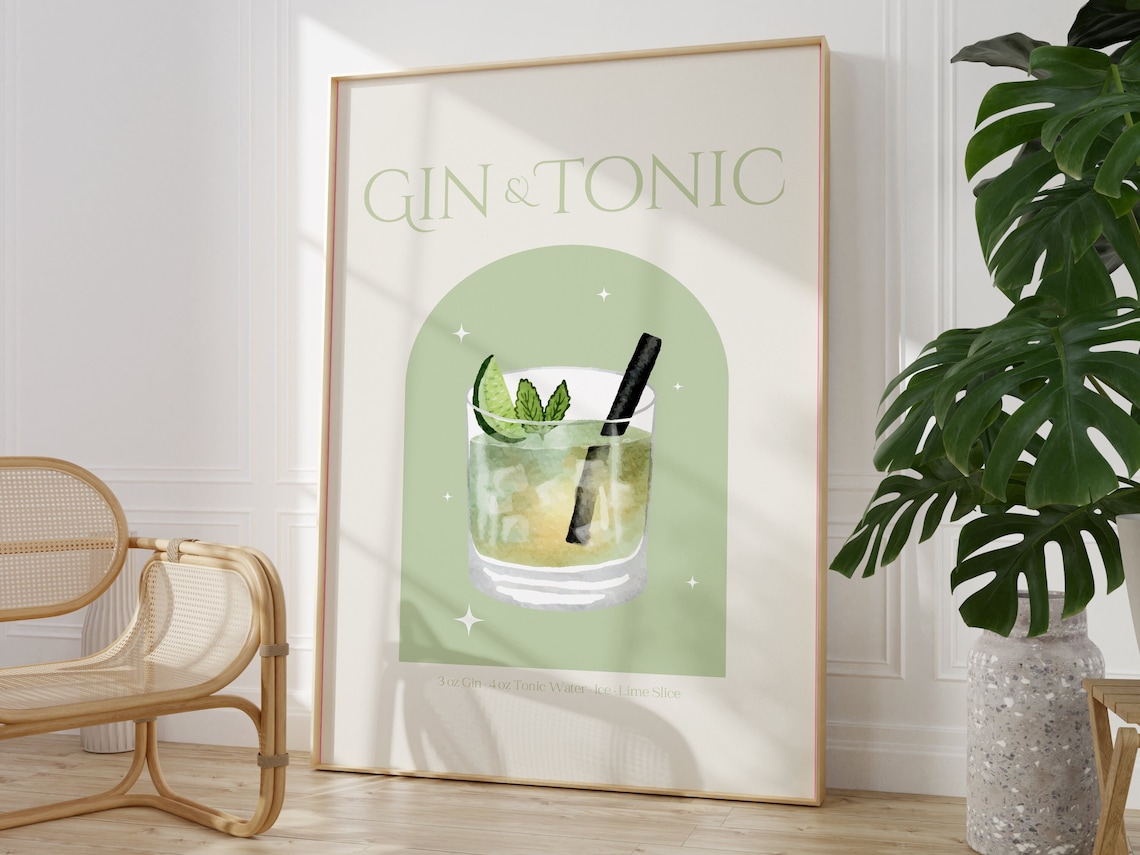Gin Tonic Cocktail Poster for Kitchen Bar Cart