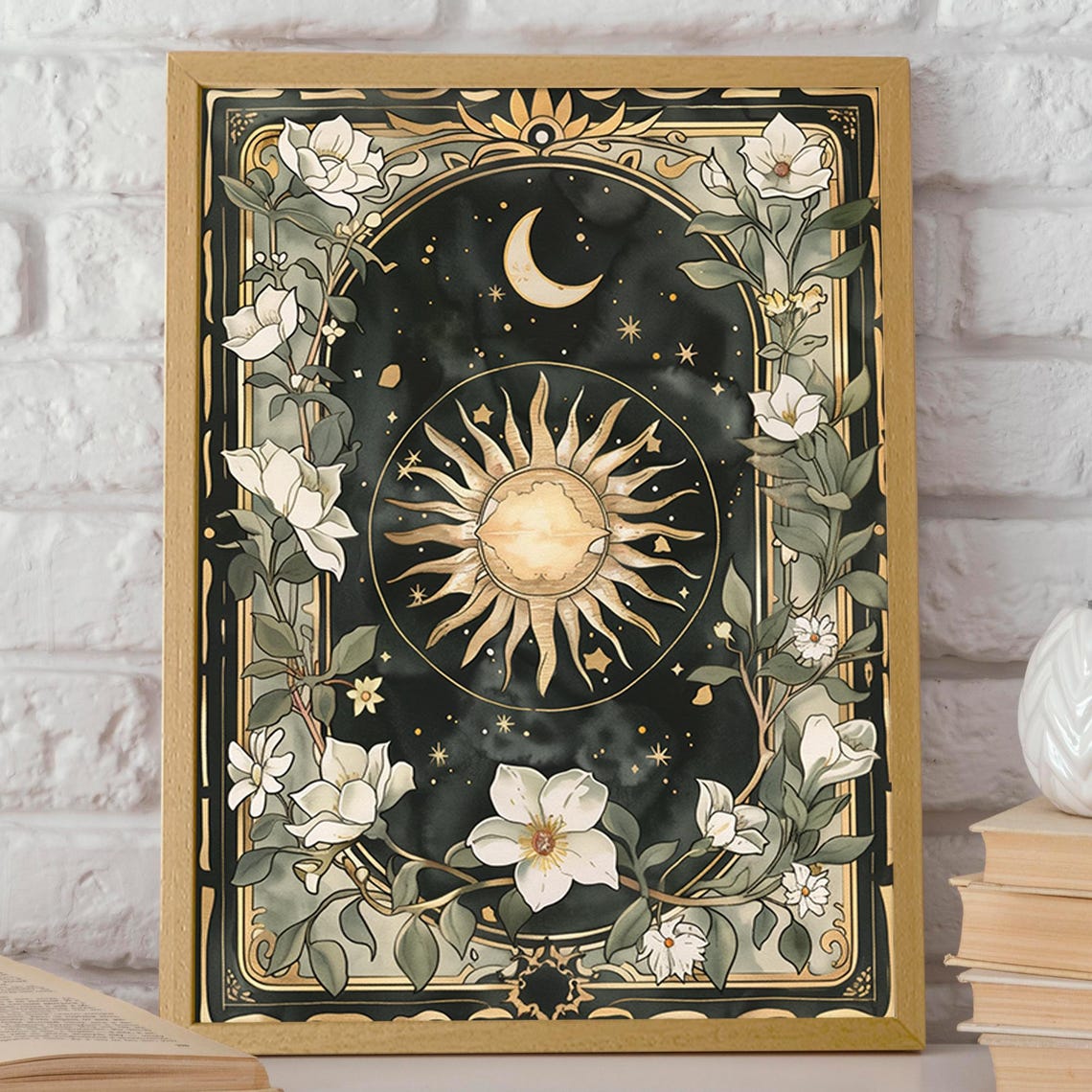 Celestial Garden Sun Moon Floral Botanical Art Print - Image 2