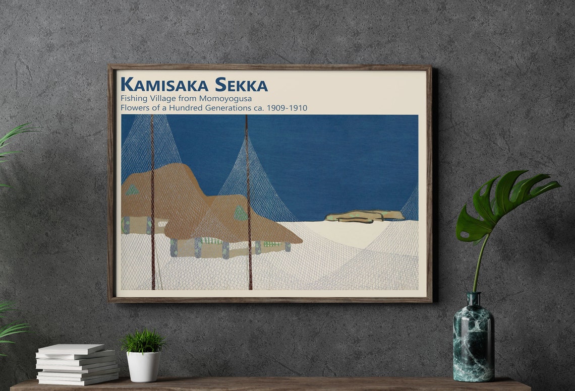 Kamisaka Sekka Japanese Art Print Kamisaka Sekka Fishing Village Painting Momoyogusa Flowers 1910 Blue Artwork For Home Decor