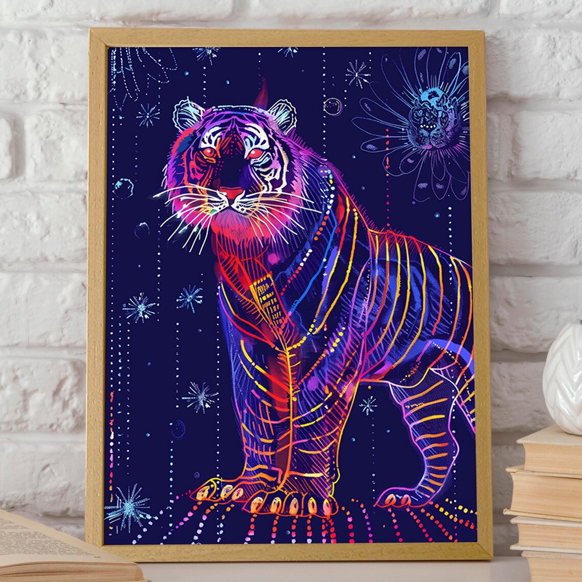 Neon Line Art Tiger Starry Night Sky Graphic Wildlife Art Poster - Image 2