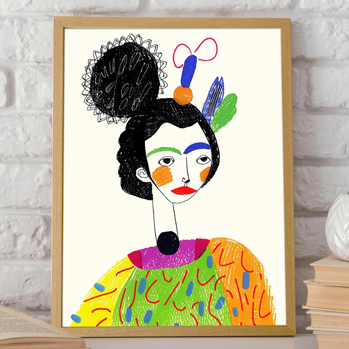 Playful Crayon Woman Portrait Bold Color Abstract Art Poster - Image 2