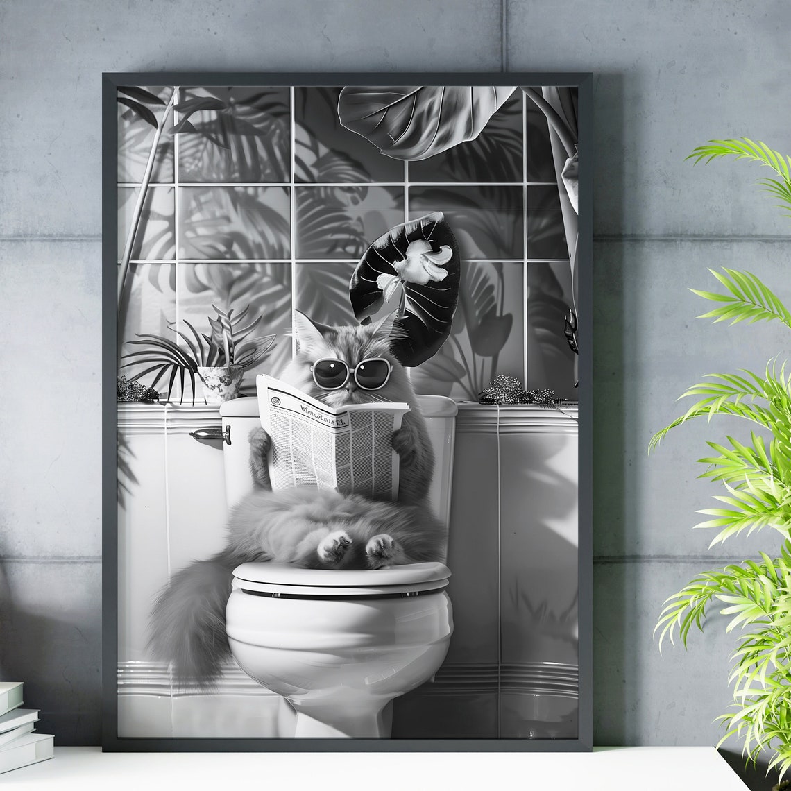 Sunglasses Cat Reading Newspaper Toilet Monochrome Humor Poster - Image 3