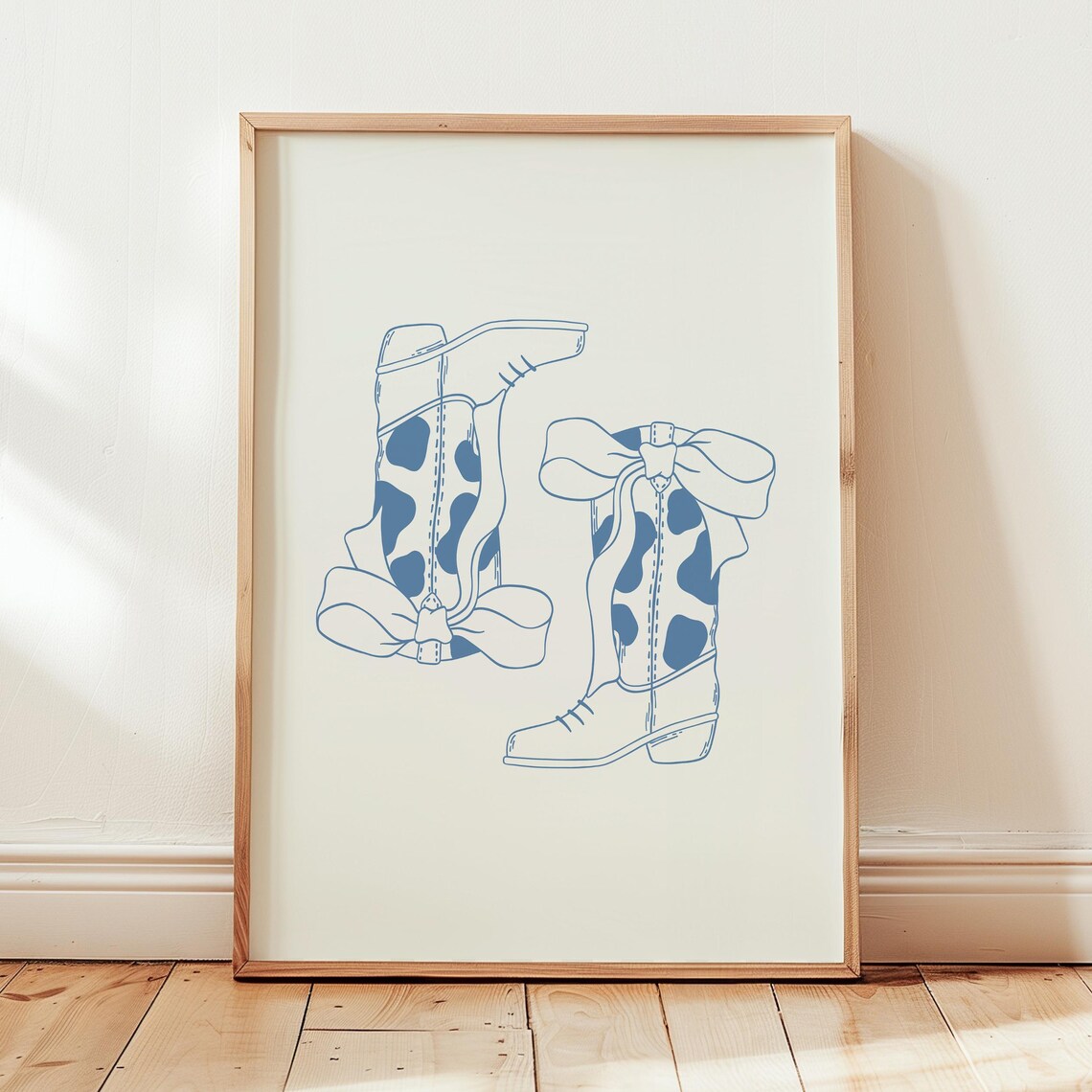 Blue Cow Print Cowgirl Boots with Bows Western Line Art Print