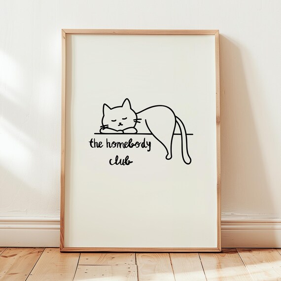 Homebody Club Sleeping Cat Minimal Line Art Cozy Modern Poster