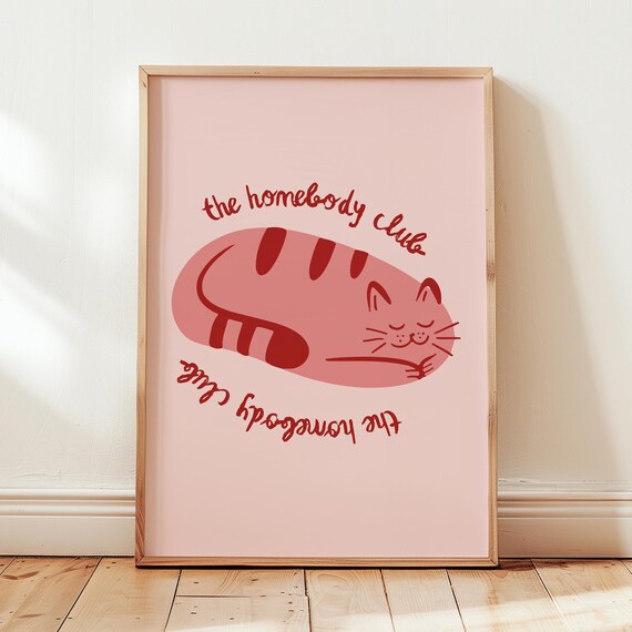 Sleeping Pink Cat Homebody Club Cute Feline Whimsical Poster