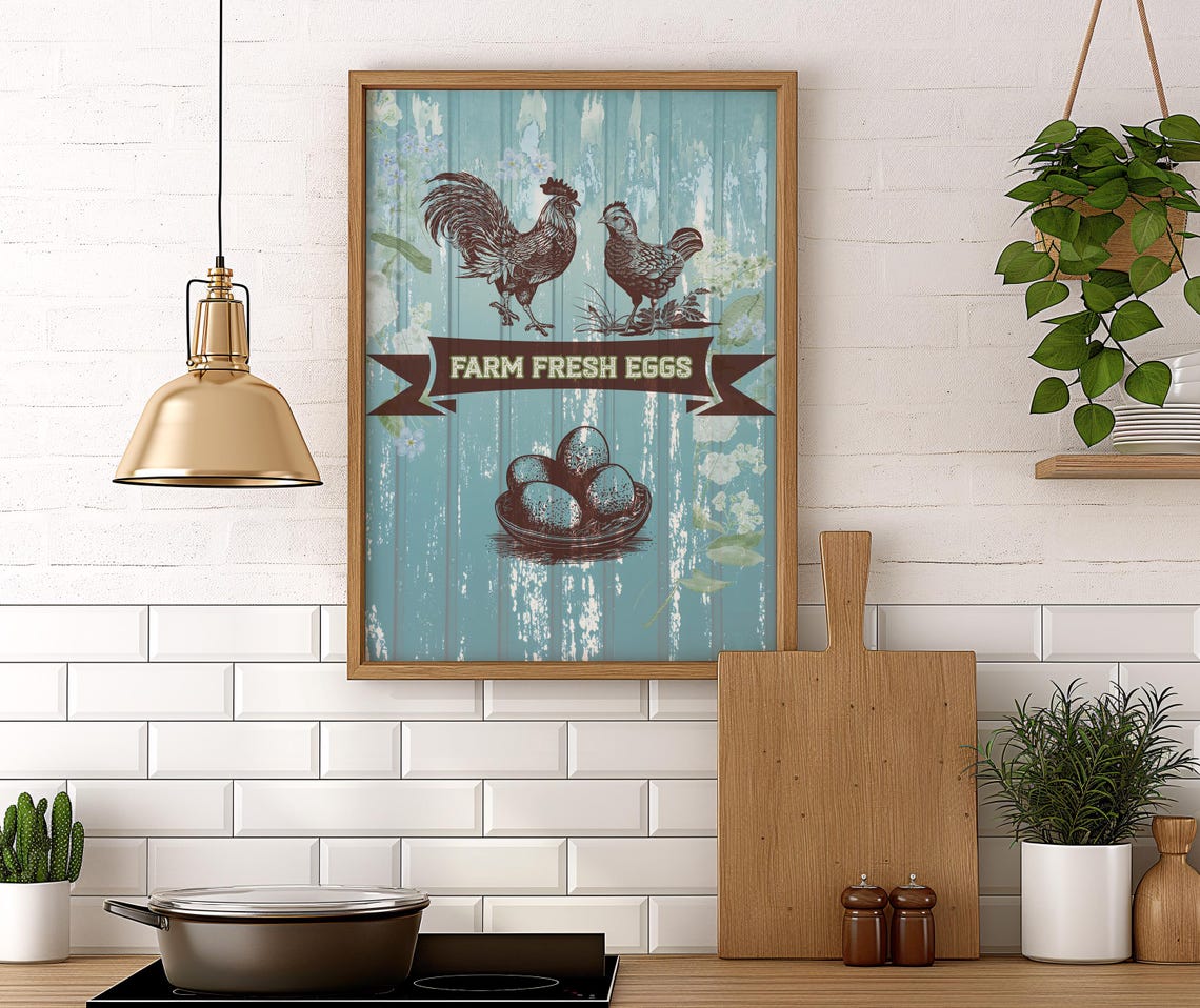 Vintage Farm Fresh Eggs Rooster Kitchen Rustic Wall Decor Poster