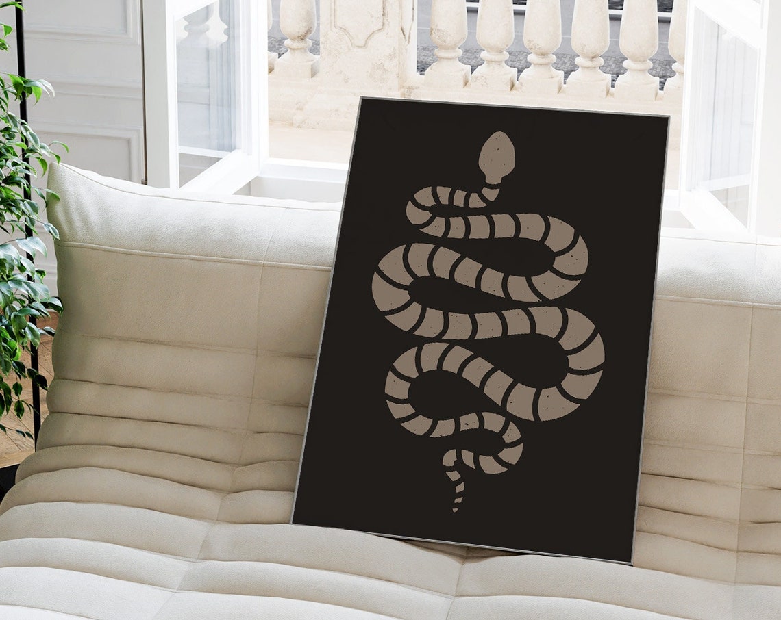 Cream Striped Snake Coiled Black Retro Tattoo Style Spooky Poster