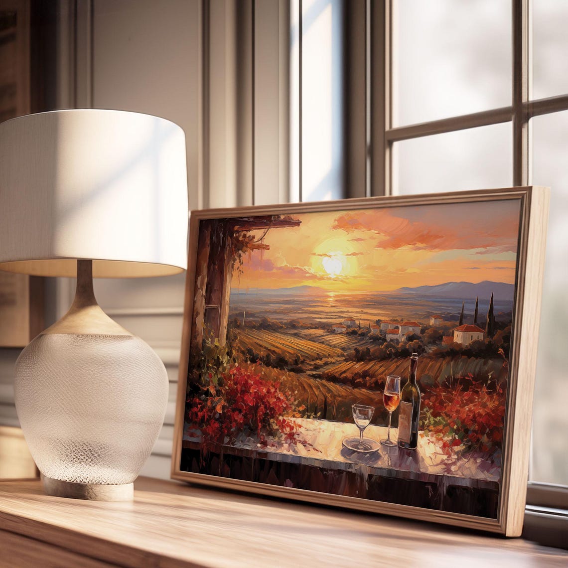 Wine Bottle And Glasses On Terrace Overlooking Vineyard Sunset Poster - Image 2