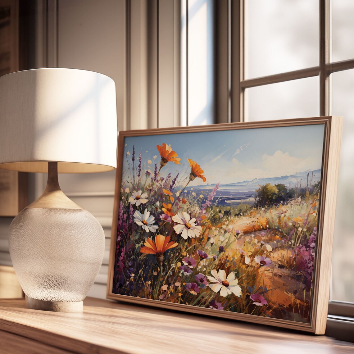 Orange Poppy Daisy Wildflower Field Sea View Oil Painting Poster - Image 3