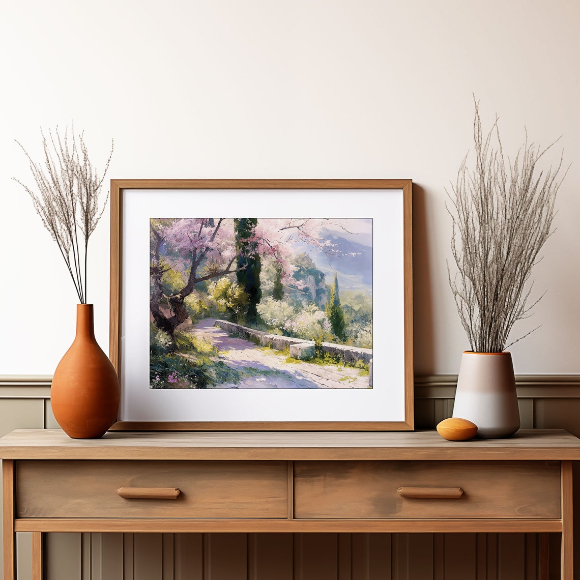 Blossom Lane Stone Wall Painting Cypress Trees Valley View Poster - Image 2