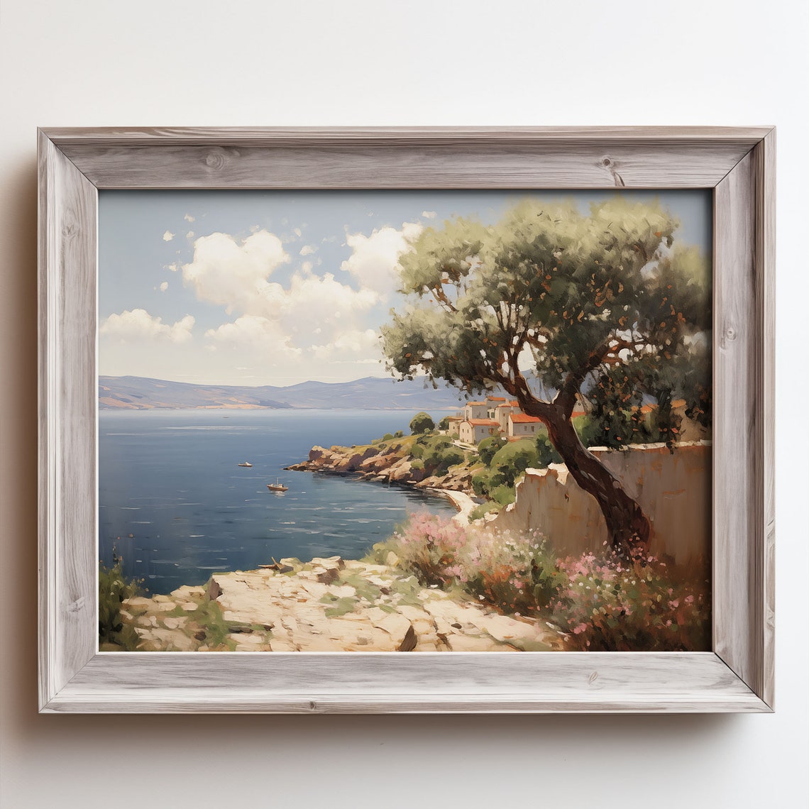 Olive Tree Cliff Village Painting Seaside Boats Blue Water Poster