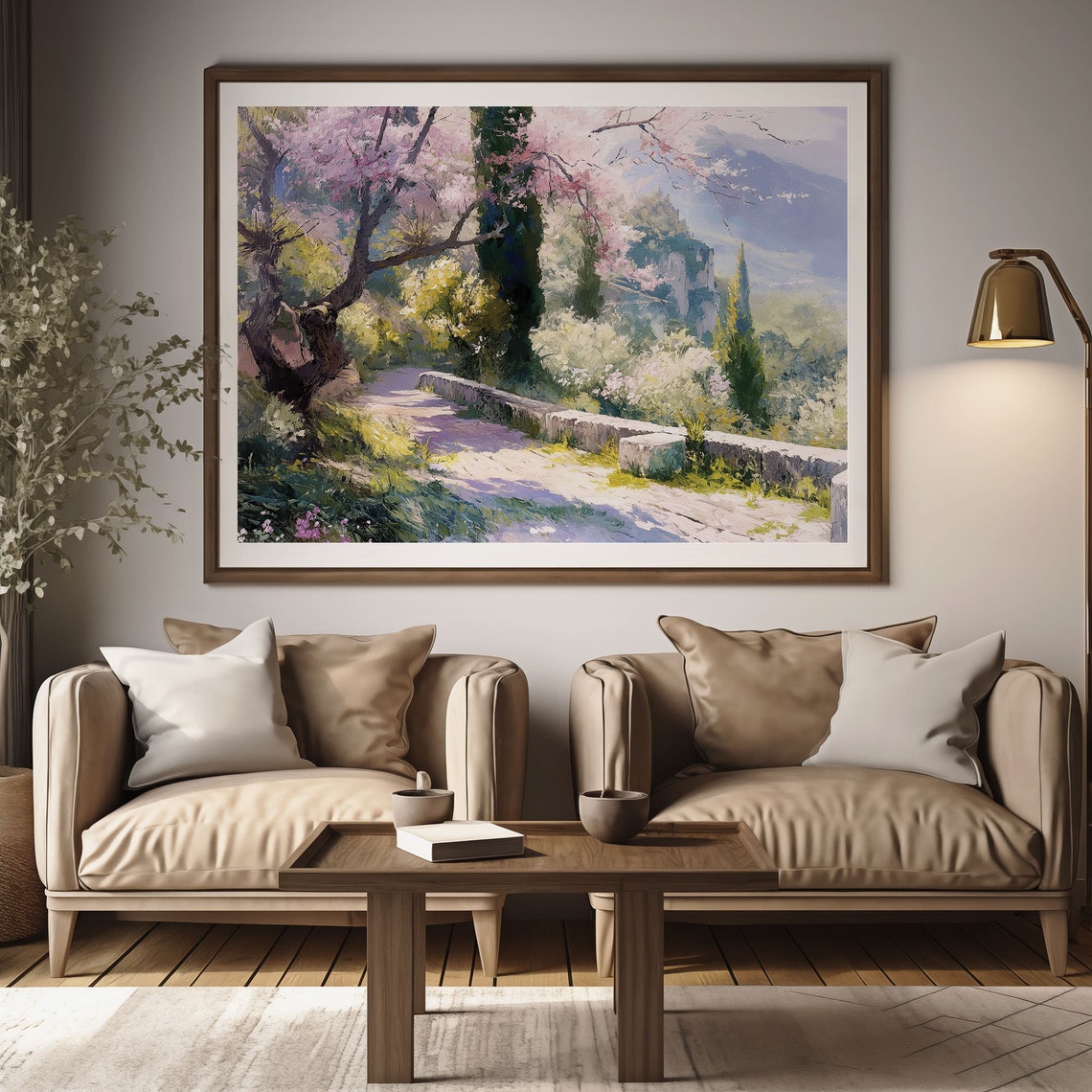 Blossom Lane Stone Wall Painting Cypress Trees Valley View Poster - Image 3