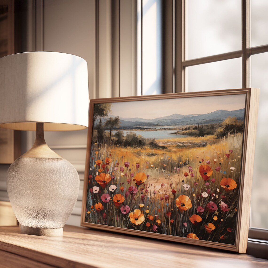 Wild Poppy Meadow By A Blue Lake Golden Mountain Landscape Wall Art - Image 3