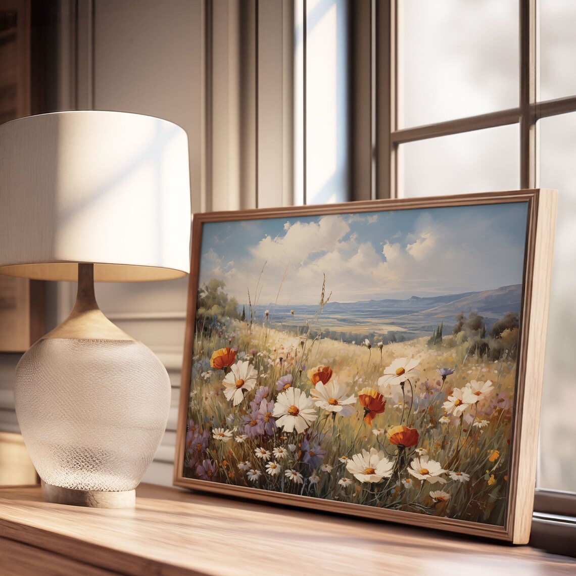 White Daisy Orange Poppy Wildflower Meadow Hills Oil Painting Poster - Image 3