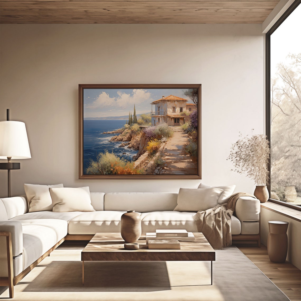 Cliffside Seaside Villa Rocky Shore Blue Ocean Oil Painting Poster - Image 4